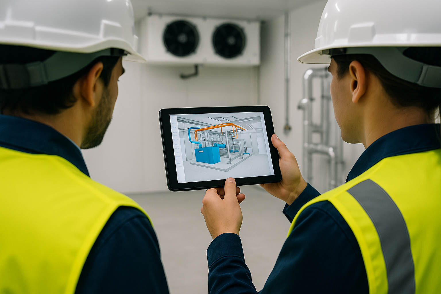 2 Arbeiter in Sicherheitsweste die auf ein Tablet schauen